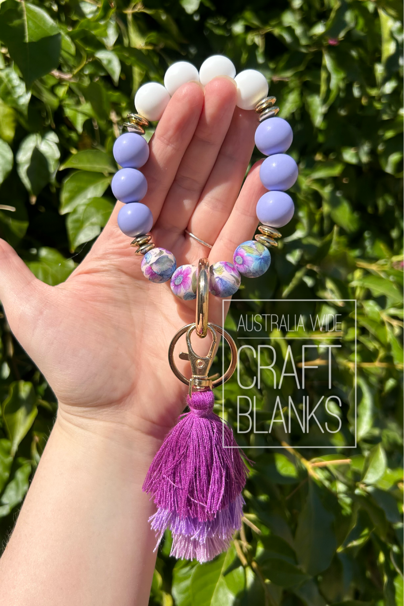 Keyring - Silicone bead Floral style wristlet w/ tassle