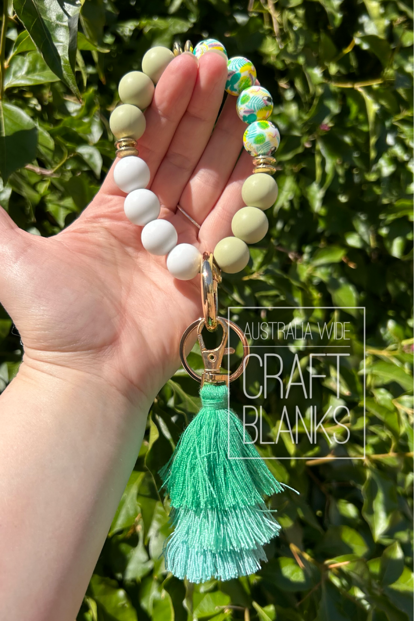 Keyring - Silicone bead Floral style wristlet w/ tassle
