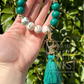 Keyring - Silicone bead Floral style wristlet w/ tassle