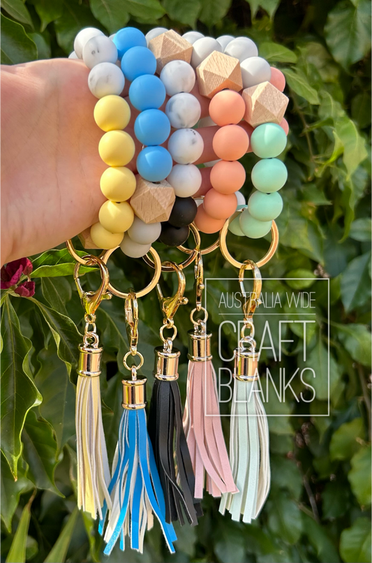 Keyring - Silicone bead wristlet w/ faux leather tassel NO DISC